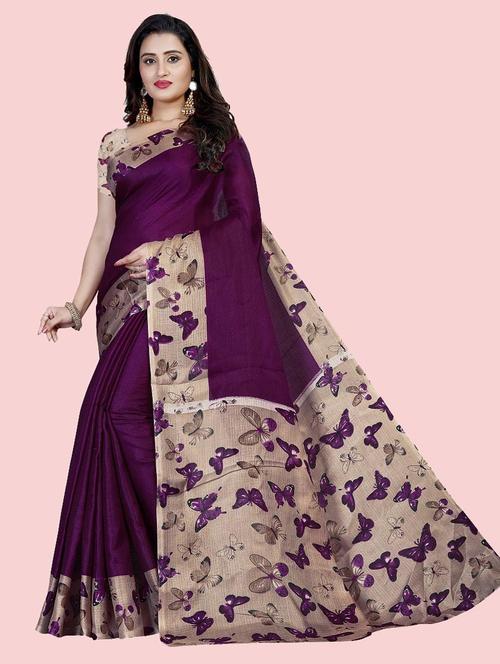 women purple printed bordered saree with blouse - 21298268 - Very Small Image - 1