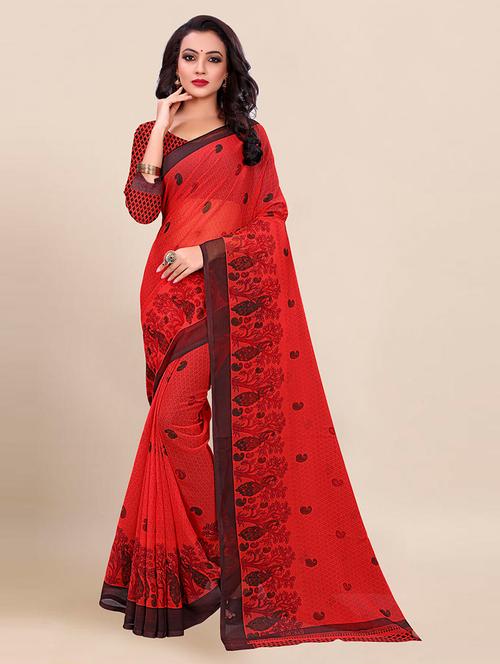 red georgette printed saree with blouse - 21298457 - Very Small Image - 1