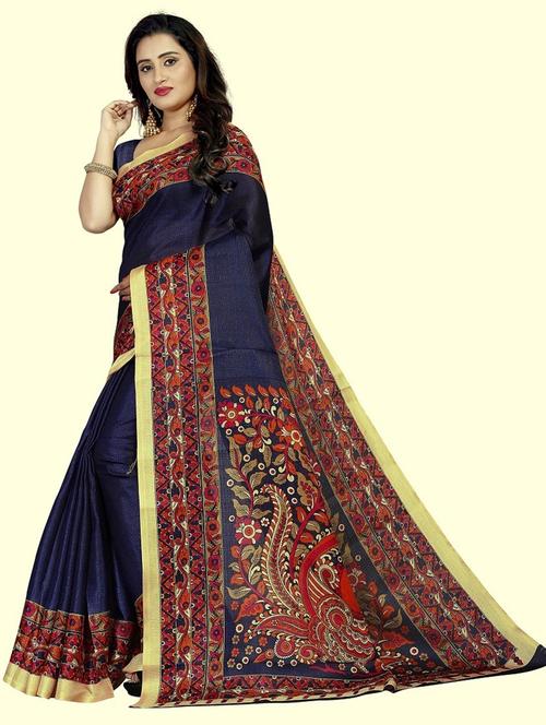 blue cotton blend plain saree with blouse - 21298496 - Very Small Image - 1