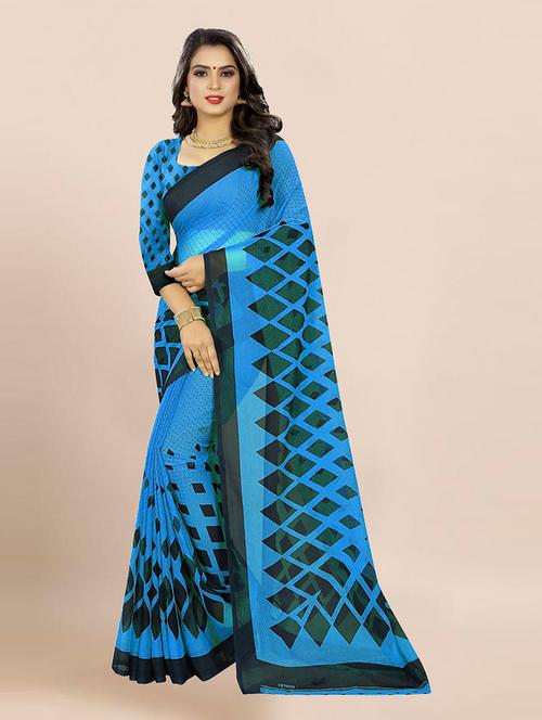 light blue printed saree with blouse - 21298695 - Very Small Image - 1
