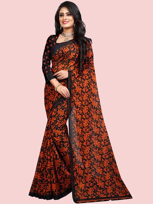 orange printed saree with blouse - 21298729 - Very Small Image - 1