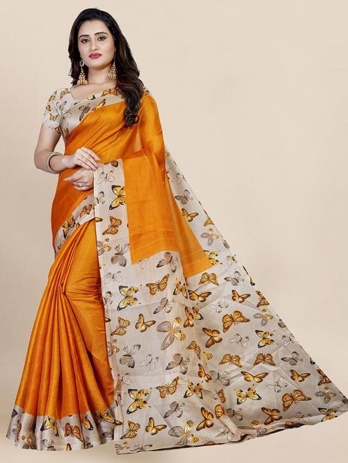 yellow silk printed saree - 21298897 - Very Small Image - 1