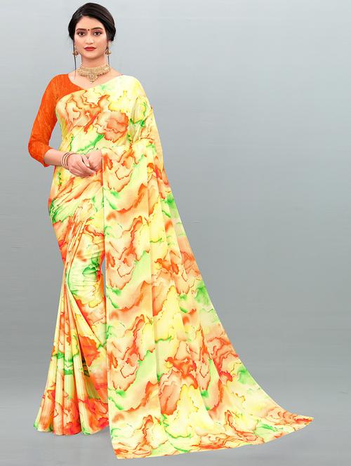orange printed saree with blouse - 21298916 - Very Small Image - 1