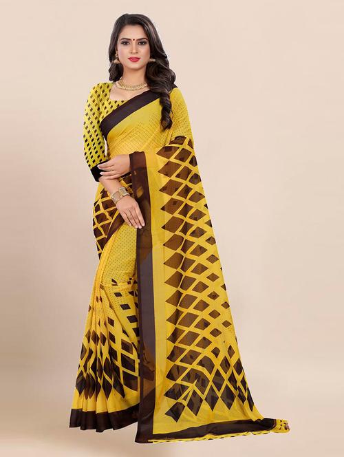 yellow printed saree with blouse - 21298922 - Very Small Image - 1