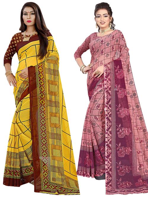 multicolored printed saree set of 2 with blouse - 21299065 - Very Small Image - 1