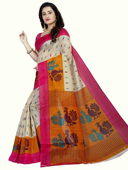women beige printed saree with blouse - 21299095 - Very Small Image - 1