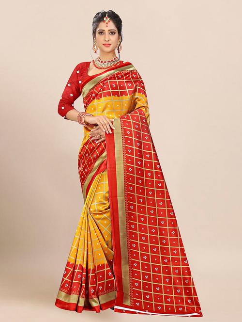 women mustard checks printed saree - 21299430 - Very Small Image - 1