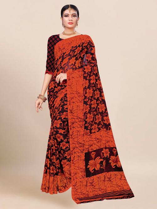 orange floral printed saree with blouse - 21299453 - Very Small Image - 1