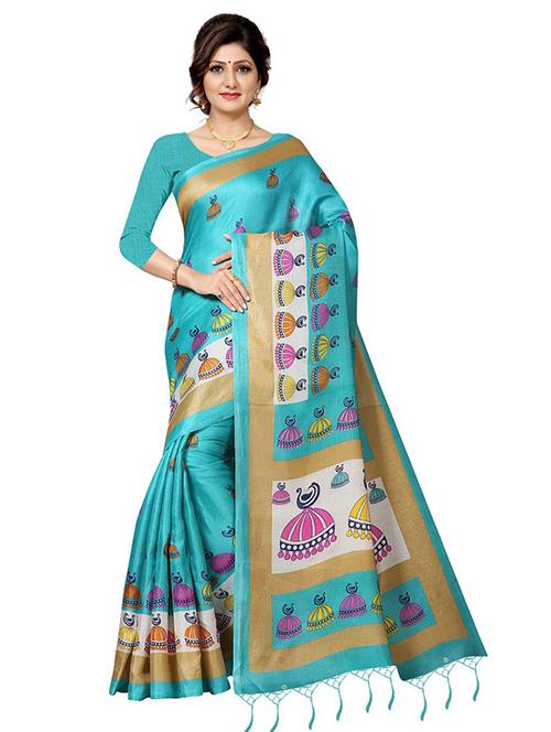 light blue printed saree with blouse - 21299642 - Very Small Image - 1