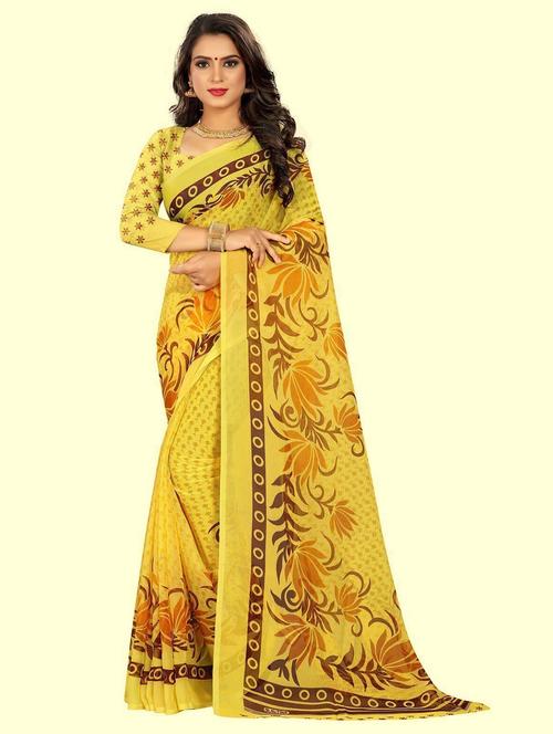 women yellow printed saree with blouse - 21299649 - Very Small Image - 1