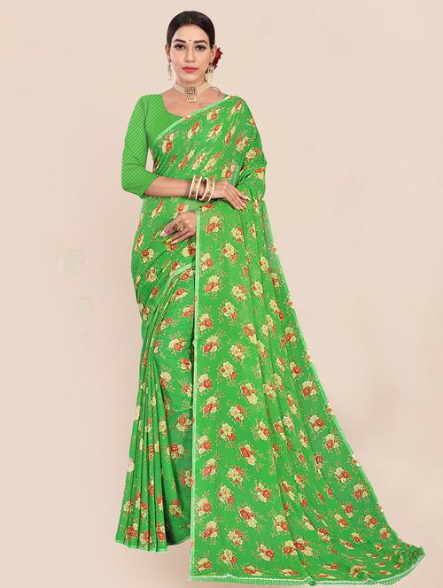 green georgette printed saree with blouse - 21300104 - Very Small Image - 1