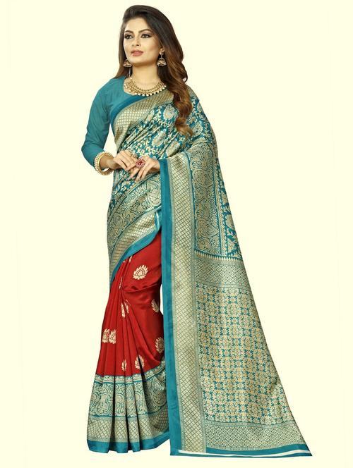 women red gold print saree with blouse - 21300146 - Very Small Image - 1