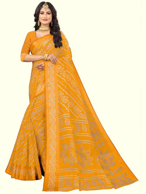 women yellow bandhani printed saree with blouse - 21300149 - Very Small Image - 1