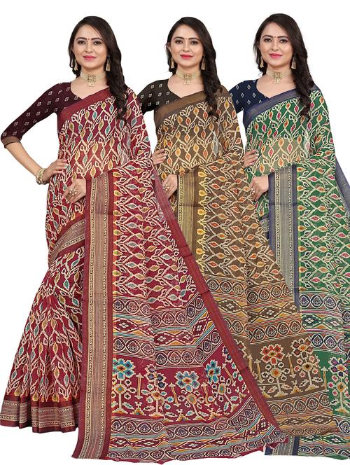 combos pack of 3 printed sarees with blouse - 21300224 - Very Small Image - 1