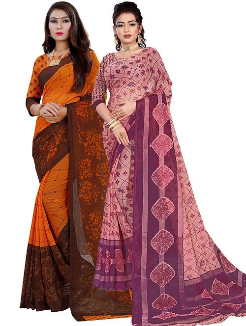 women pack of 2 printed sarees with blouse - 21300236 - Very Small Image - 1