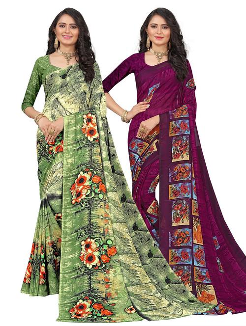 women pack of 2 printed sarees with blouse - 21300286 - Very Small Image - 1