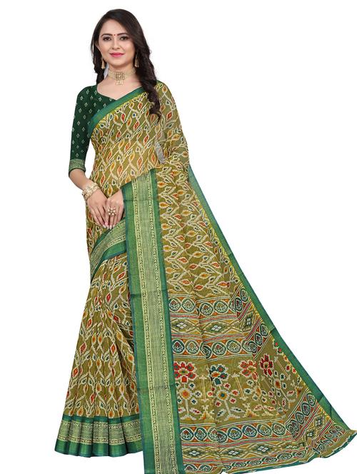 women green printed zari work bordered saree with blouse - 21300433 - Very Small Image - 1