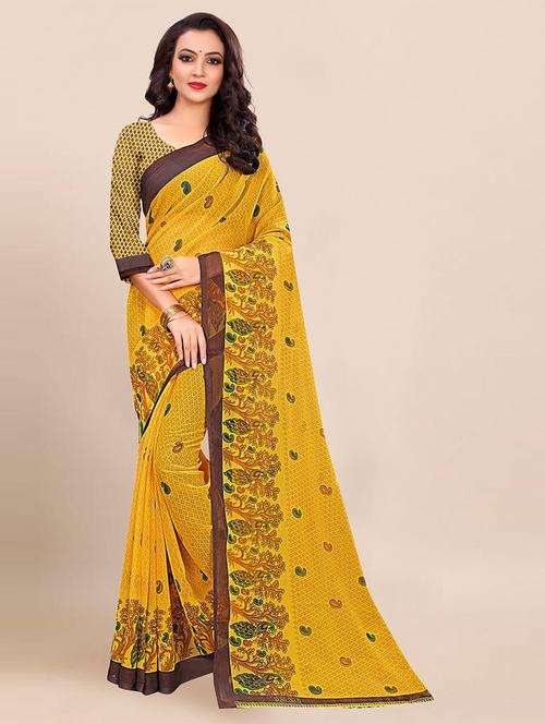 yellow georgette printed saree with blouse - 21300506 - Very Small Image - 1