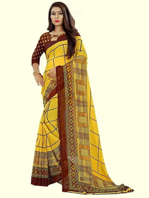 women yellow printed georgette saree with blouse - 21300586 - Very Small Image - 1