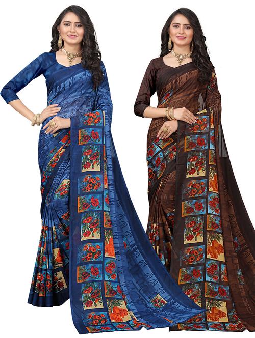 combos pack of 2 printed sarees with blouse - 21300650 - Very Small Image - 1