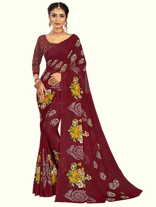 women maroon floral printed saree with blouse - 21301053 - Very Small Image - 1