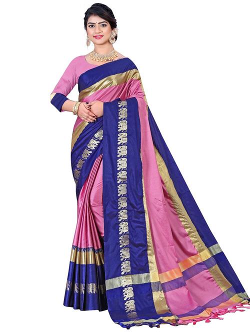 women pink solid zari bordered saree with blouse - 21301350 - Very Small Image - 1