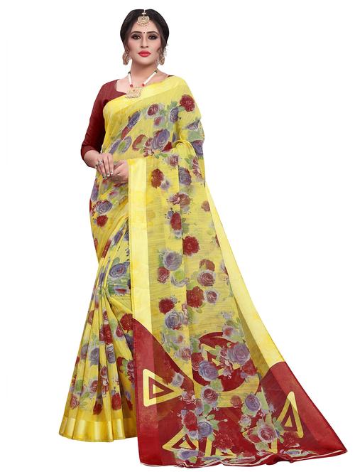 yellow cotton blend printed saree with blouse - 21301523 - Very Small Image - 1