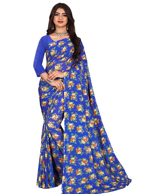 women blue printed saree with blouse - 21301690 - Very Small Image - 1