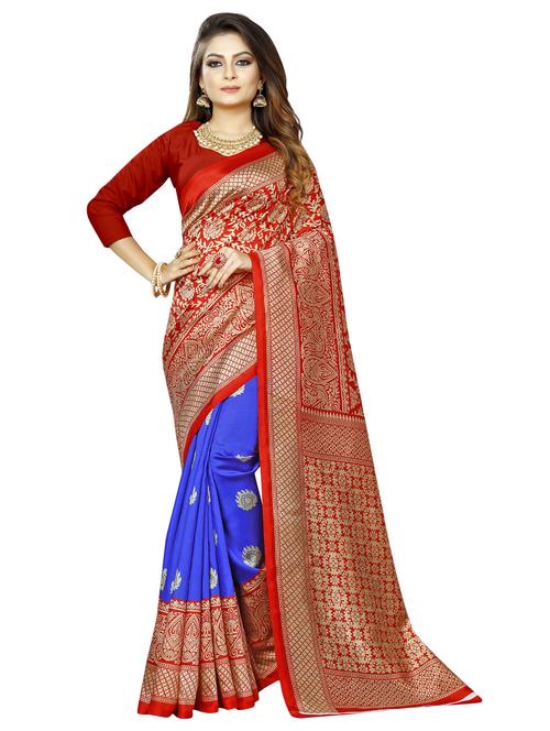 women blue printed bordered saree with blouse - 21301804 - Very Small Image - 1