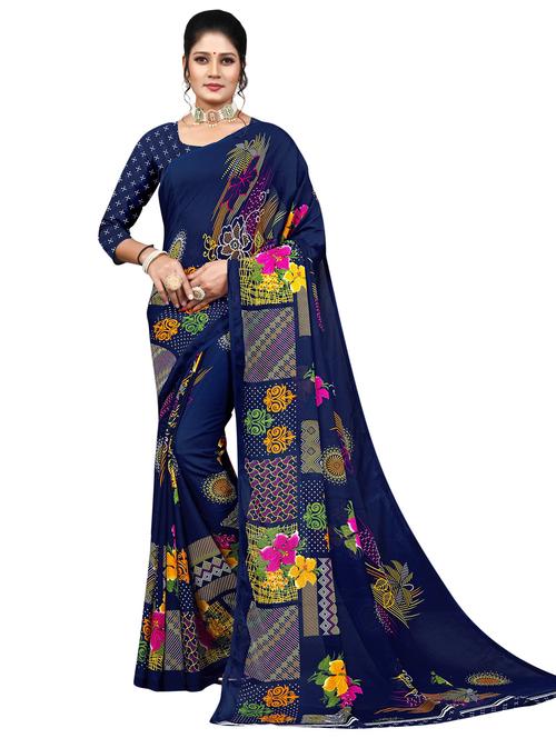 women navy blue printed saree with blouse - 21301910 - Very Small Image - 1