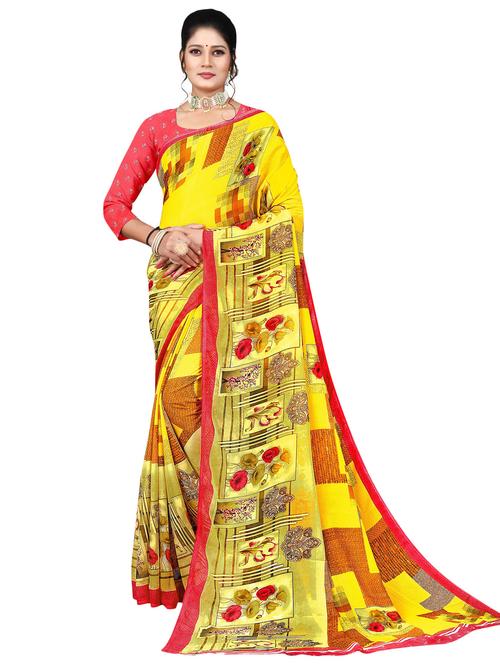 yellow printed saree with blouse - 21301942 - Very Small Image - 1