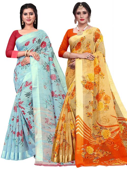 pack of 2 multi colored combo saree with blouse - 21302059 - Very Small Image - 1