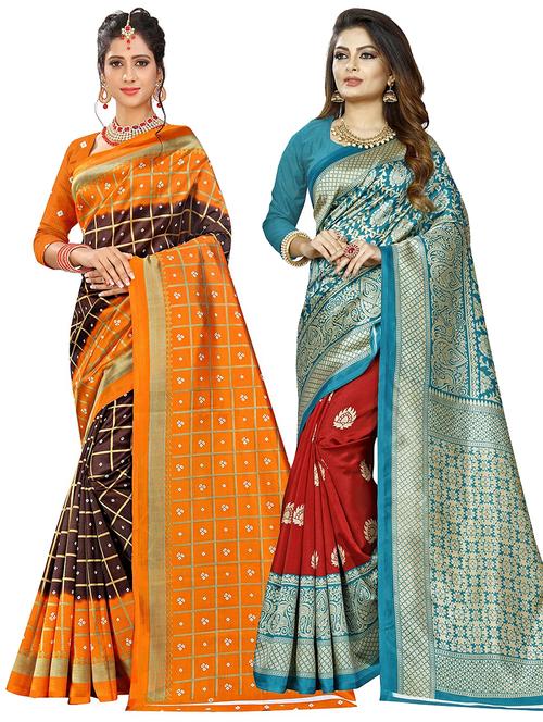pack of 2 multi colored combo saree with blouse - 21302065 - Very Small Image - 1