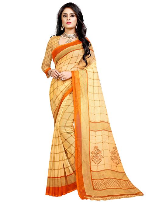 cream checkered printed saree with blouse - 21302166 - Very Small Image - 1