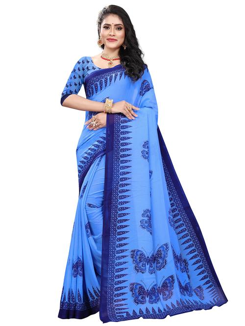 light blue printed saree with blouse - 21302271 - Very Small Image - 1