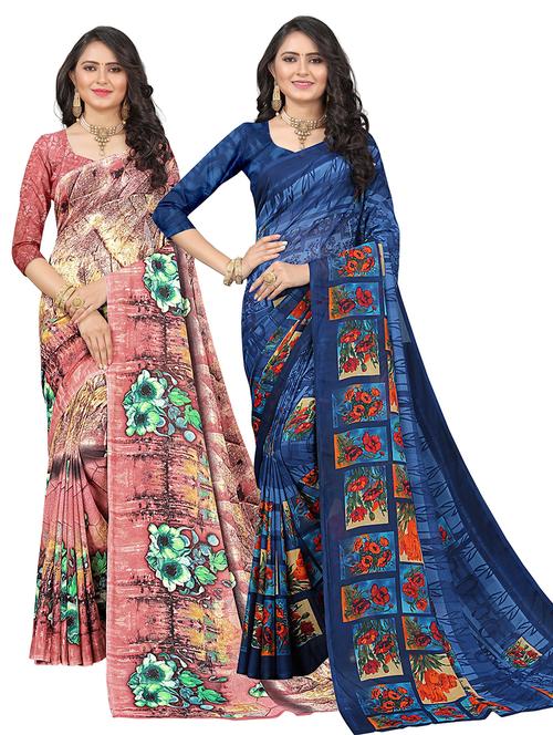 multicolored printed set of 2 saree with blouse - 21302958 - Very Small Image - 1