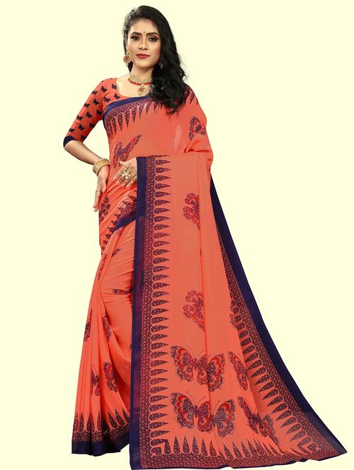 women coral printed saree with blouse - 21303025 - Very Small Image - 1