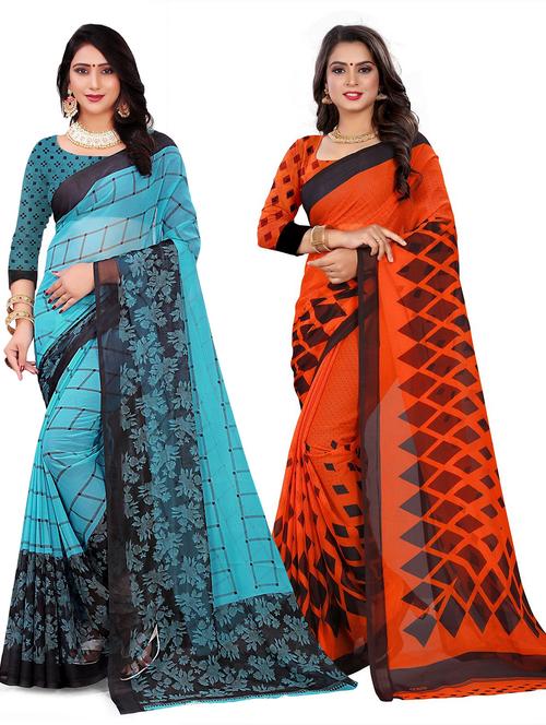 women pack of 2 printed sarees with blouse - 21303099 - Very Small Image - 1