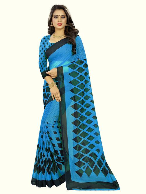 light blue printed saree with blouse - 21303196 - Very Small Image - 1