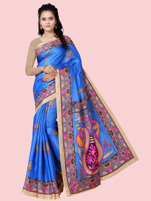 dark blue silk blend printed saree with blouse - 21303264 - Very Small Image - 1