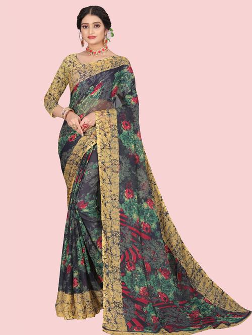 dark blue floral printed saree with blouse - 21303276 - Very Small Image - 1