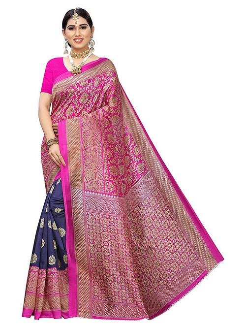 dark blue art silk printed saree with blouse - 21303377 - Very Small Image - 1