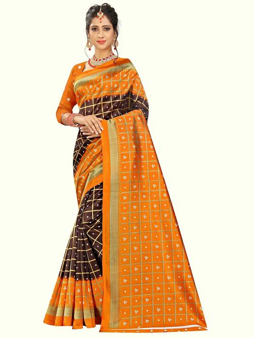 women brown checks printed saree with blouse - 21303421 - Very Small Image - 1