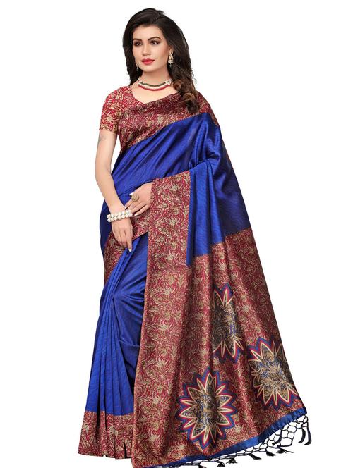 dark blue printed saree with blouse - 21303546 - Very Small Image - 1