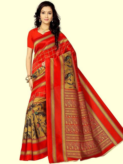 red printed saree with blouse - 21303572 - Very Small Image - 1