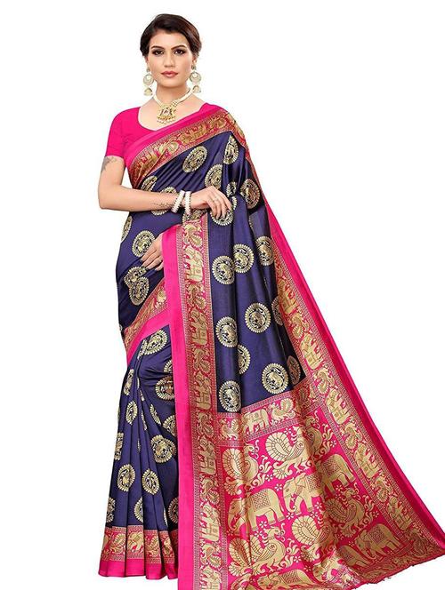 dark blue art silk printed saree with blouse - 21303589 - Very Small Image - 1