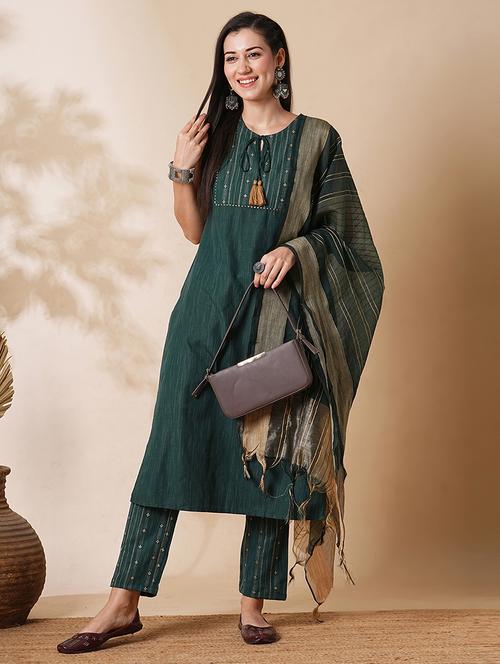 globus women green tie-up neck printed yoke straight workwear kurta with narrow pants & yarndyed dupatta - 21305297 - Very Small Image - 1