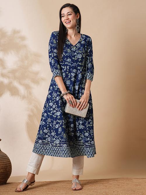 globus women blue allover floral printed side tie-up a-line angrakha kurta - 21305301 - Very Small Image - 1