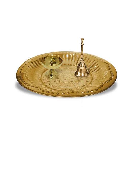 adhvik combo of small size paro pyali diya and puja bell with 6 inch om brass pooja thali set for home and office - 21305484 - Very Small Image - 1