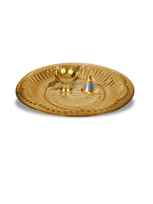 adhvik combo of small size laxmi diya and hanging bell with 6 inch om brass pooja thali set for home and office - 21305490 - Very Small Image - 1